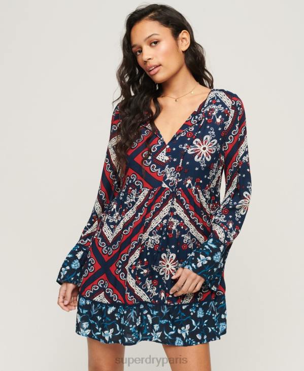 Superdry femmes robe courte à manches évasées D64Z2094 vêtements bleu