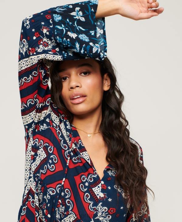 Superdry femmes robe courte à manches évasées D64Z2094 vêtements bleu
