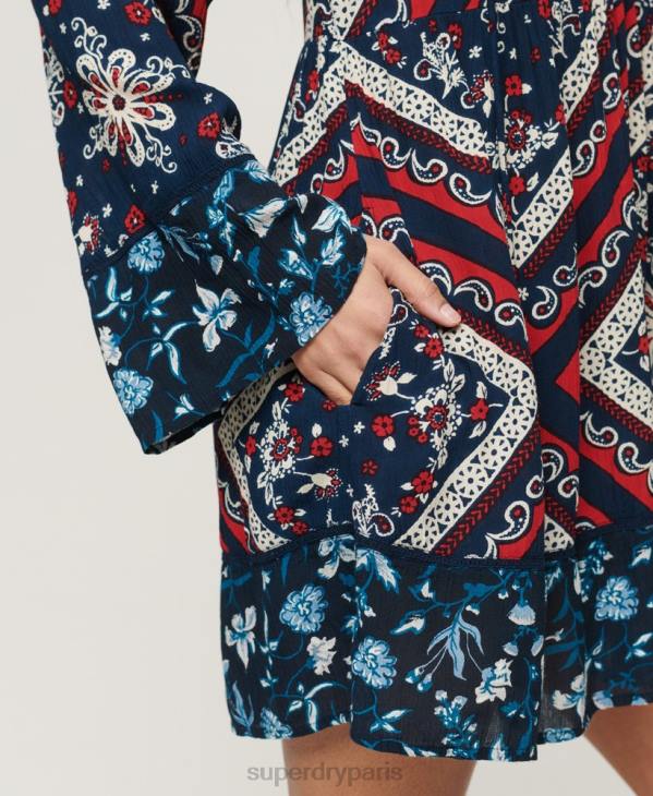 Superdry femmes robe courte à manches évasées D64Z2094 vêtements bleu