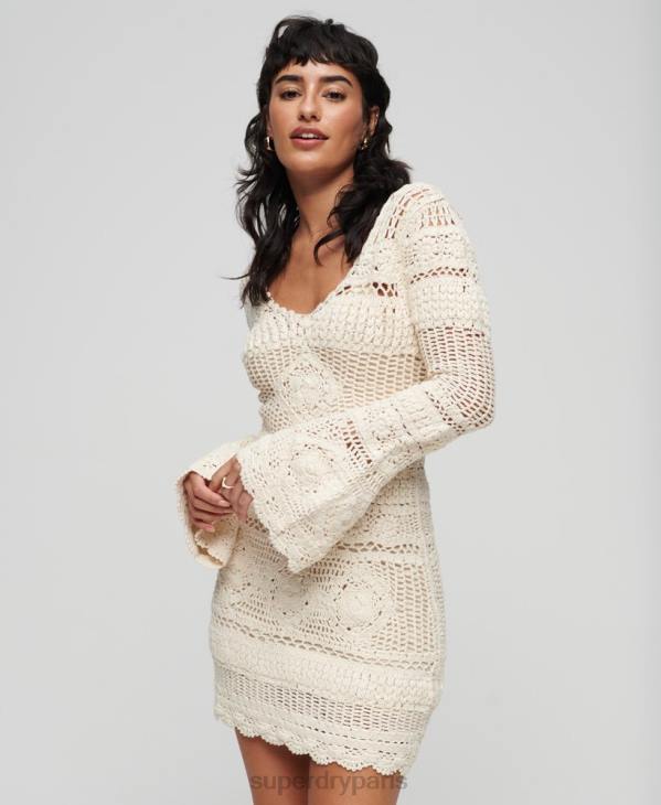 Superdry femmes robe courte à manches évasées en crochet D64Z1957 vêtements crème