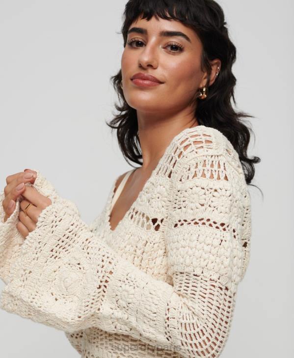 Superdry femmes robe courte à manches évasées en crochet D64Z1957 vêtements crème