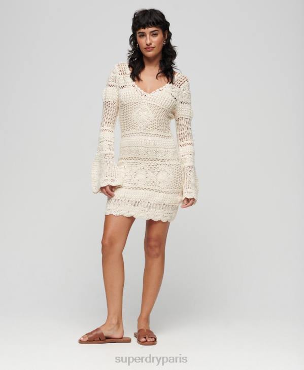 Superdry femmes robe courte à manches évasées en crochet D64Z1957 vêtements crème