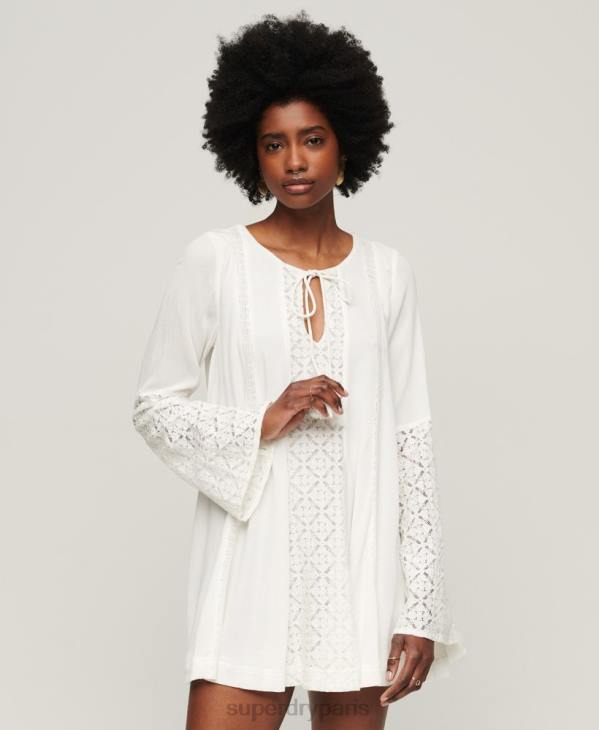 Superdry femmes robe courte à manches évasées en dentelle D64Z2079 vêtements crème