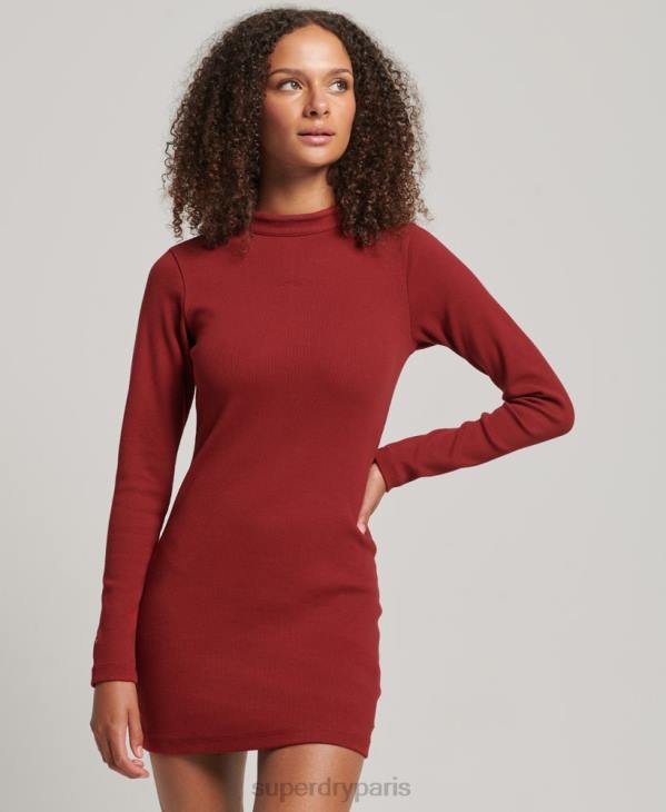 Superdry femmes robe courte moulante côtelée à manches longues D64Z6603 vêtements rouge