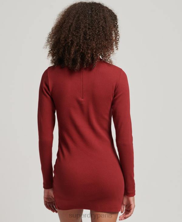 Superdry femmes robe courte moulante côtelée à manches longues D64Z6603 vêtements rouge
