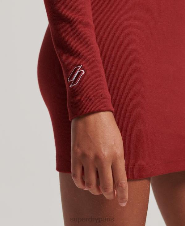 Superdry femmes robe courte moulante côtelée à manches longues D64Z6603 vêtements rouge