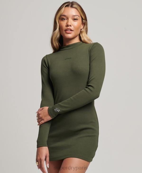 Superdry femmes robe courte moulante côtelée à manches longues D64Z6666 vêtements kaki