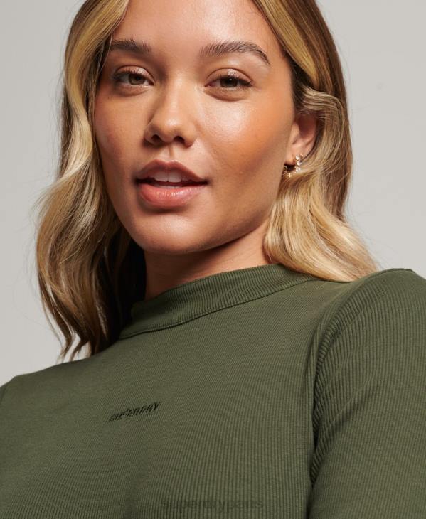 Superdry femmes robe courte moulante côtelée à manches longues D64Z6666 vêtements kaki