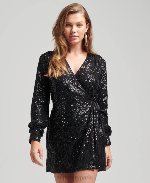 Superdry femmes robe courte portefeuille à sequins D64Z2446 vêtements noir