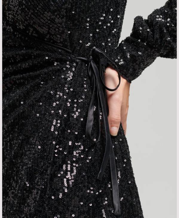 Superdry femmes robe courte portefeuille à sequins D64Z2446 vêtements noir