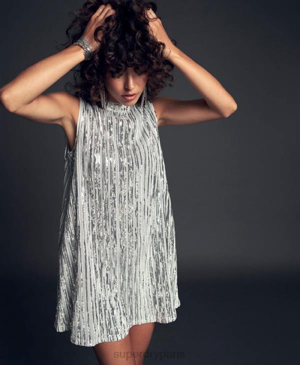 Superdry femmes robe courte sans manches à sequins D64Z2410 vêtements argent
