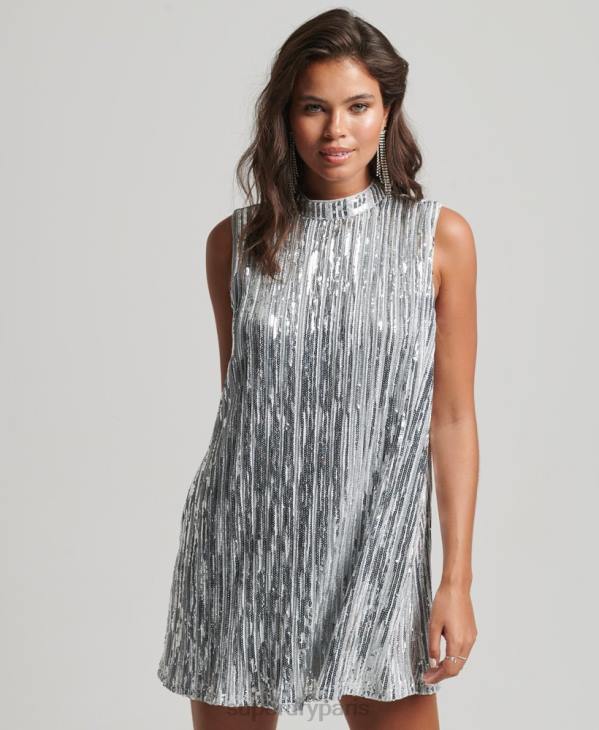 Superdry femmes robe courte sans manches à sequins D64Z2410 vêtements argent