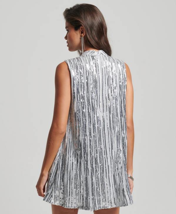 Superdry femmes robe courte sans manches à sequins D64Z2410 vêtements argent