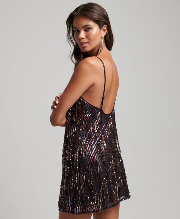 Superdry femmes robe courte à sequins et franges D64Z2423 vêtements noir