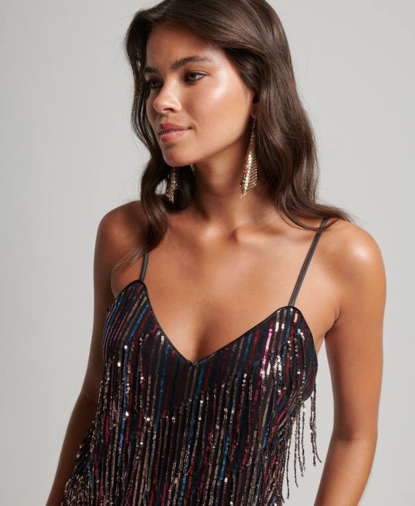 Superdry femmes robe courte à sequins et franges D64Z2423 vêtements noir