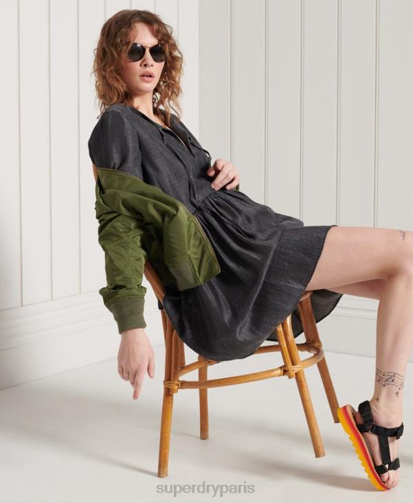 Superdry femmes robe en tencel à manches longues D64Z2549 vêtements noir
