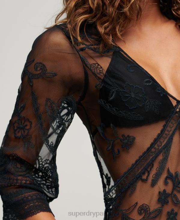 Superdry femmes robe longue de plage en dentelle D64Z2272 vêtements noir