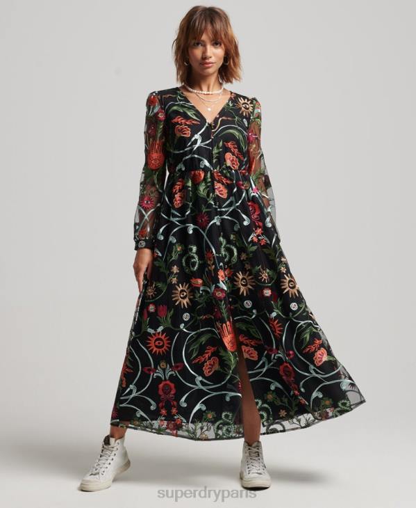 Superdry femmes robe longue en maille à manches longues D64Z2414 vêtements noir