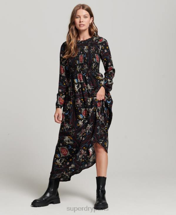 Superdry femmes robe longue smockée D64Z6718 vêtements noir