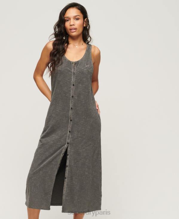 Superdry femmes robe mi-longue boutonnée en jersey vintage D64Z2139 vêtements gris foncé