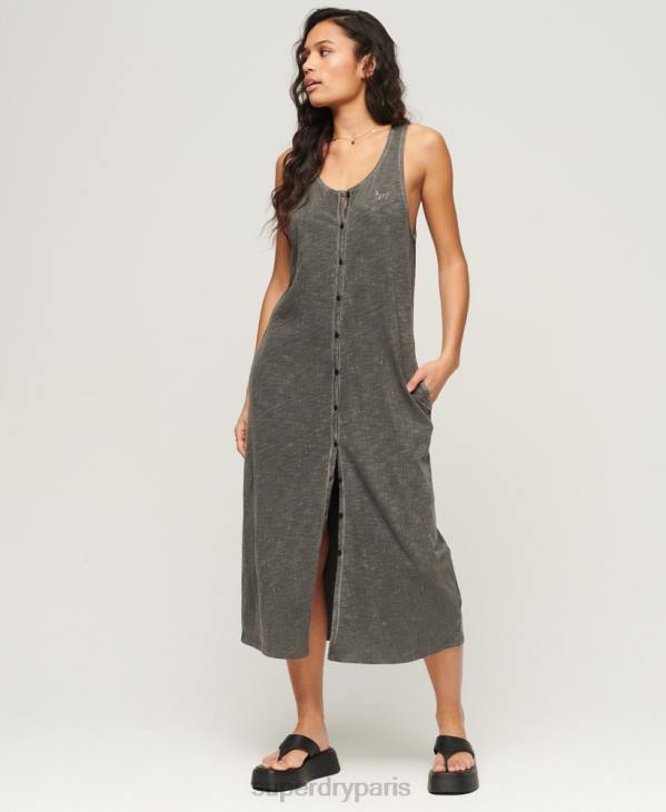 Superdry femmes robe mi-longue boutonnée en jersey vintage D64Z2139 vêtements gris foncé