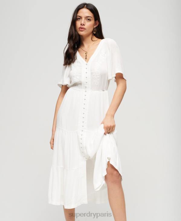Superdry femmes robe mi-longue brodée D64Z1985 vêtements blanc
