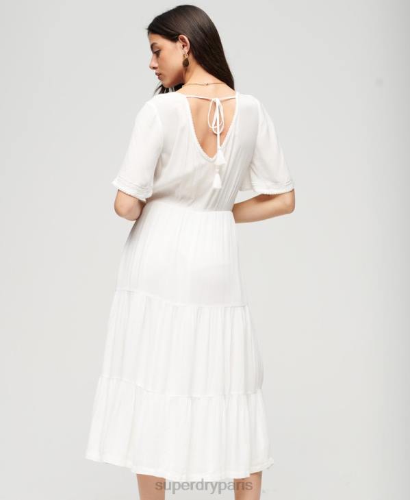 Superdry femmes robe mi-longue brodée D64Z1985 vêtements blanc