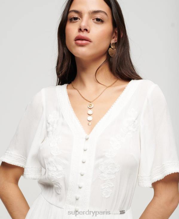 Superdry femmes robe mi-longue brodée D64Z1985 vêtements blanc