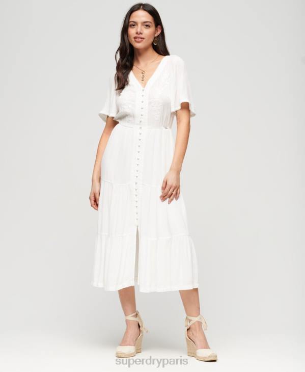 Superdry femmes robe mi-longue brodée D64Z1985 vêtements blanc