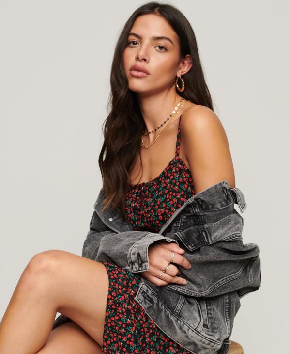 Superdry femmes robe mi-longue caraco à boutons imprimés D64Z1987 vêtements noir