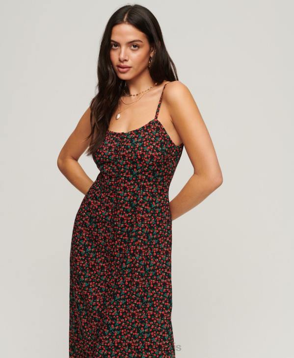 Superdry femmes robe mi-longue caraco à boutons imprimés D64Z1987 vêtements noir