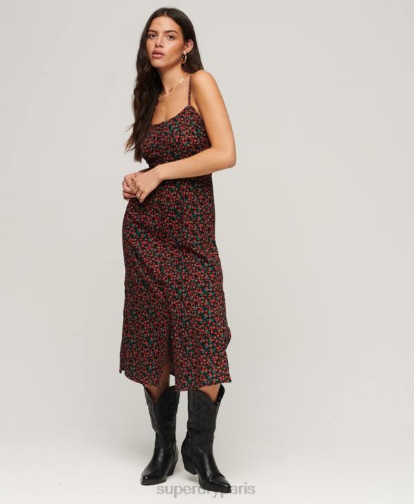 Superdry femmes robe mi-longue caraco à boutons imprimés D64Z1987 vêtements noir