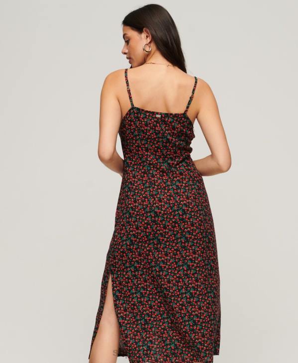 Superdry femmes robe mi-longue caraco à boutons imprimés D64Z1987 vêtements noir