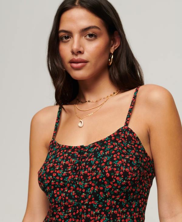Superdry femmes robe mi-longue caraco à boutons imprimés D64Z1987 vêtements noir