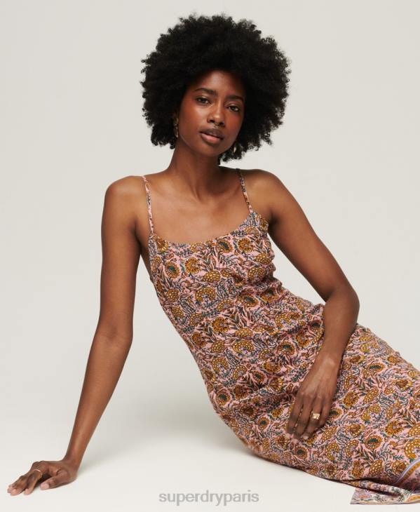 Superdry femmes robe mi-longue caraco à boutons imprimés D64Z2009 vêtements rose