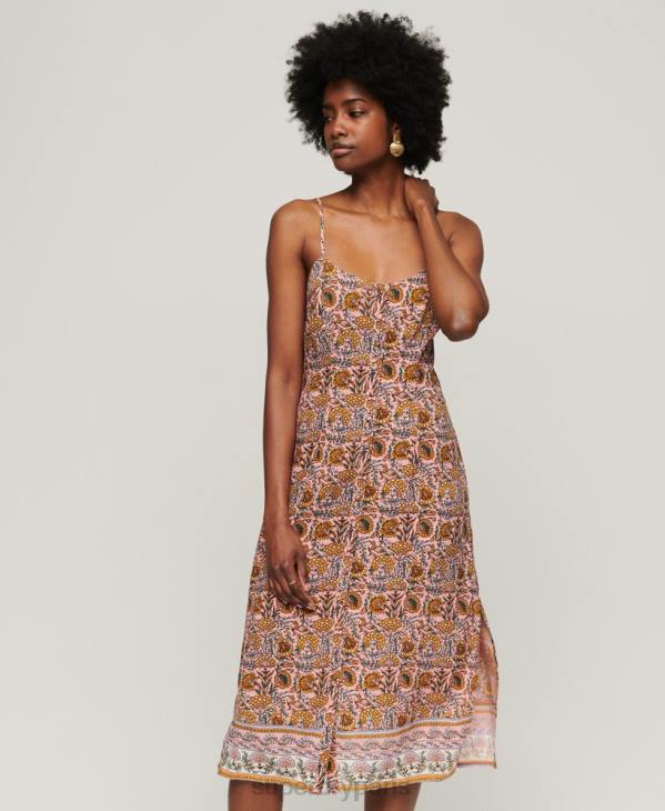 Superdry femmes robe mi-longue caraco à boutons imprimés D64Z2009 vêtements rose