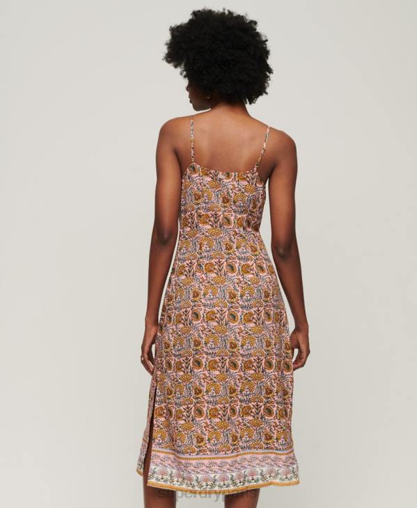 Superdry femmes robe mi-longue caraco à boutons imprimés D64Z2009 vêtements rose