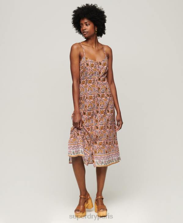 Superdry femmes robe mi-longue caraco à boutons imprimés D64Z2009 vêtements rose