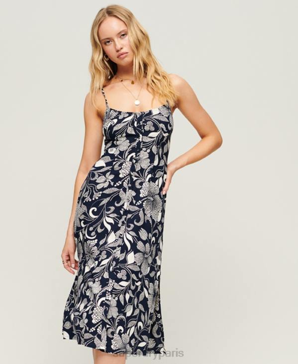 Superdry femmes robe mi-longue caraco à boutons imprimés D64Z2043 vêtements marine