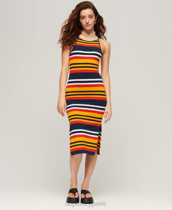 Superdry femmes robe mi-longue en jersey à rayures D64Z1984 vêtements jaune