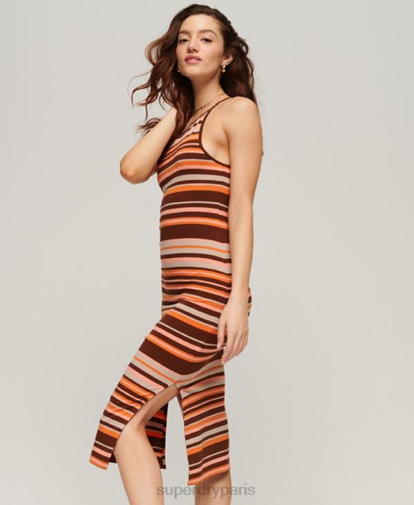 Superdry femmes robe mi-longue en jersey à rayures D64Z2046 vêtements brun