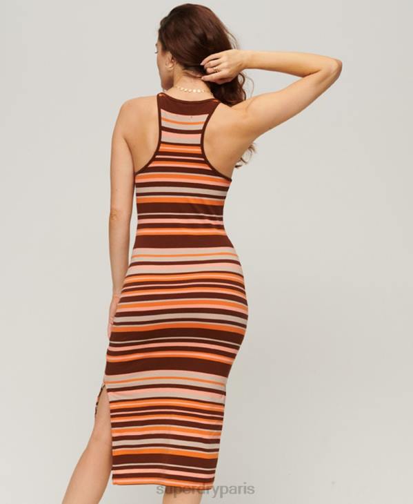 Superdry femmes robe mi-longue en jersey à rayures D64Z2046 vêtements brun