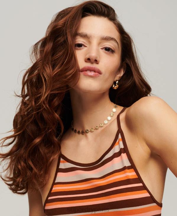 Superdry femmes robe mi-longue en jersey à rayures D64Z2046 vêtements brun