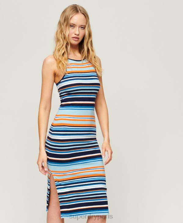 Superdry femmes robe mi-longue en jersey à rayures D64Z2193 vêtements bleu