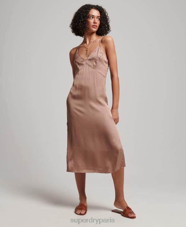 Superdry femmes robe mi-longue en satin D64Z2377 vêtements brun