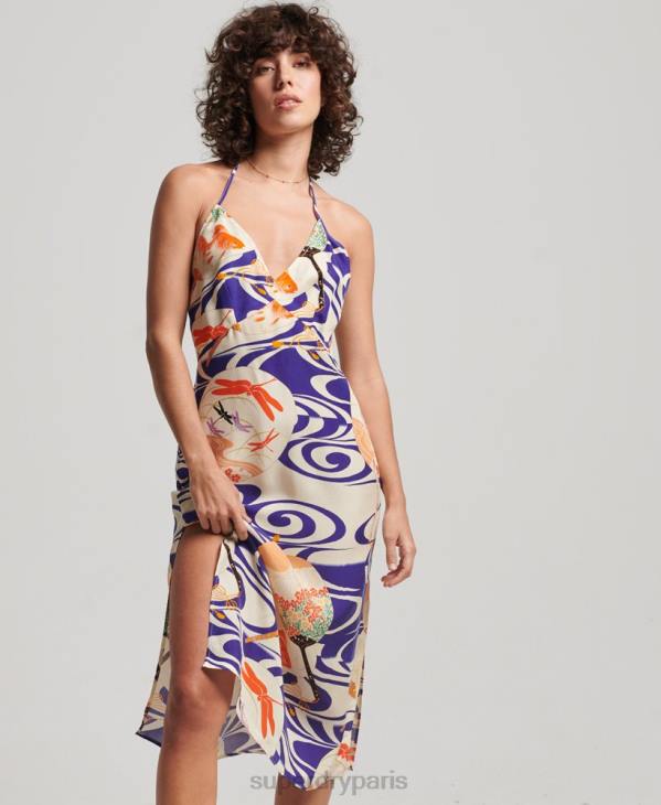 Superdry femmes robe mi-longue imprimée D64Z2397 vêtements bleu