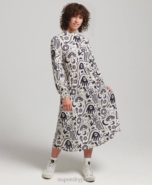Superdry femmes robe mi-longue imprimée à manches longues D64Z6707 vêtements crème
