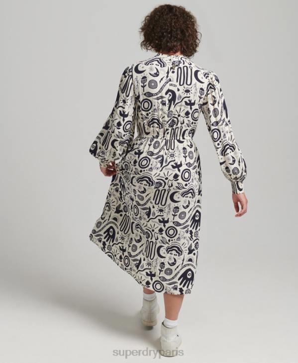 Superdry femmes robe mi-longue imprimée à manches longues D64Z6707 vêtements crème