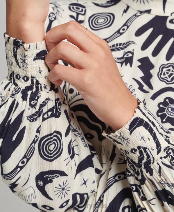 Superdry femmes robe mi-longue imprimée à manches longues D64Z6707 vêtements crème