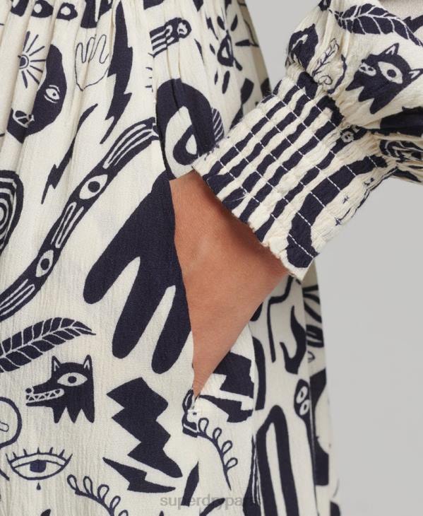 Superdry femmes robe mi-longue imprimée à manches longues D64Z6707 vêtements crème